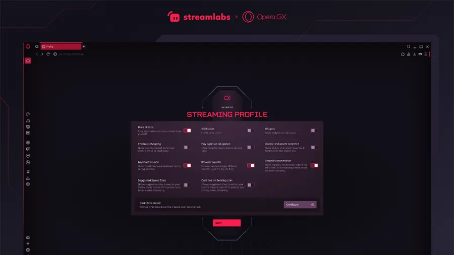 Opera GX Opciones de personalización modo Streaming